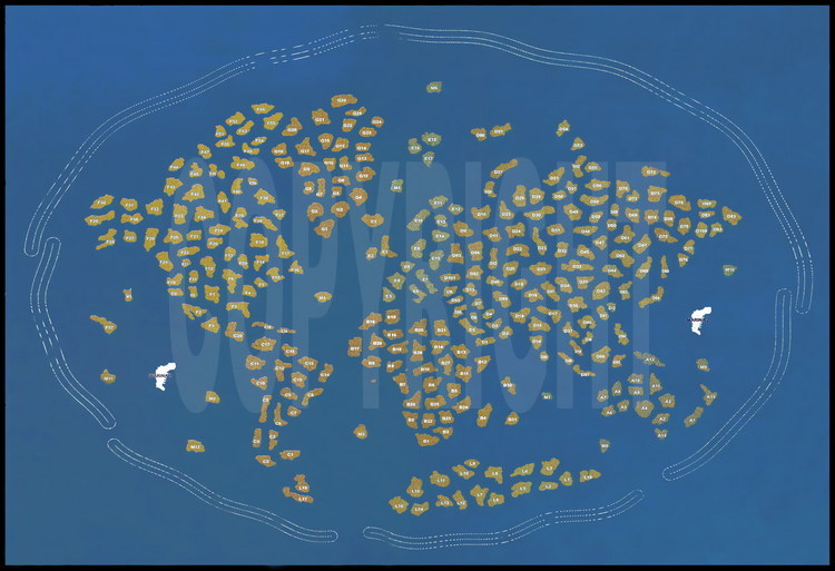 Image virtuelle de l'ensemble des îles du World avec leur numérotation (voir image suivante pour les noms).  