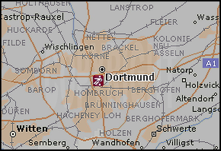 Carte de Dortmund, 590000 habitants,  avec emplacement du Westfalenstadion, qui accueillera notamment une demi  finale et un huitième de finale.