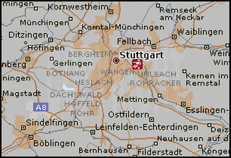 Carte de Stuttgart, 590000 habitants, avec emplacement du Gottlieb Daimler stadion,  qui accueillera notamment le match pour la troisième place et un huitième de finale.