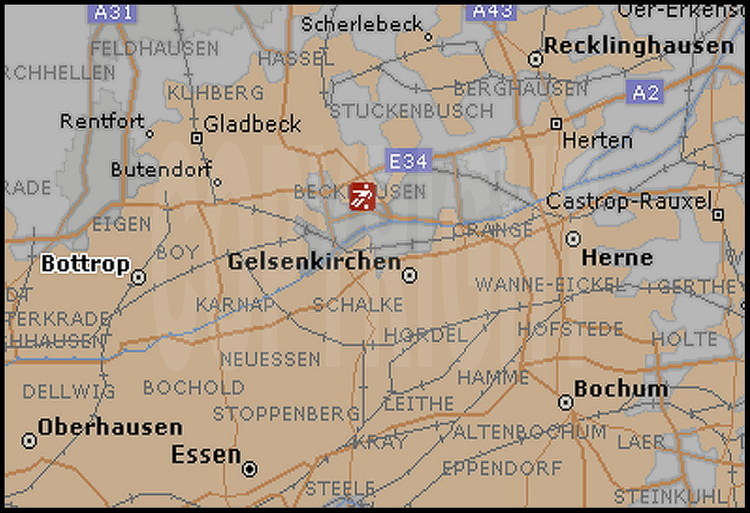 Carte de Gelsenkirschen, 270000 habitants, avec emplacement du Gelsenkirchenstadion,  qui accueillera notamment un quart de finale.