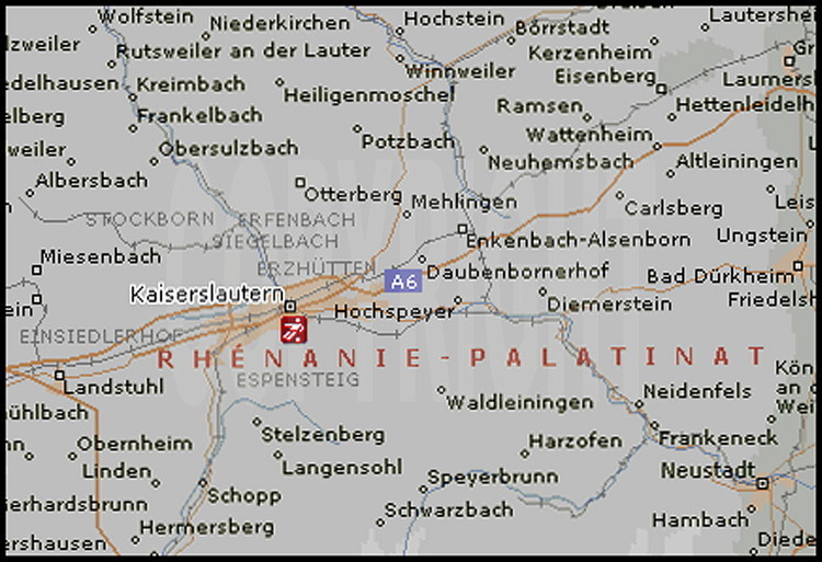 Carte de Kaiserslautern, 100000 habitants, avec emplacement du Fritz Walter Stadion, 42000 places, qui accueillera notamment un huitième de finale.