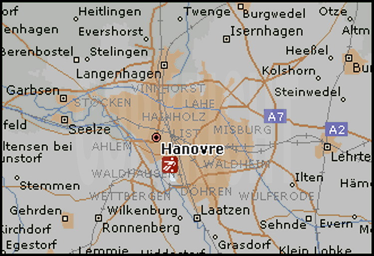 Carte de Hanovre, 525000 habitants, avec emplacement du Hannoverstadion, qui accueillera notamment un huitième de finale.
