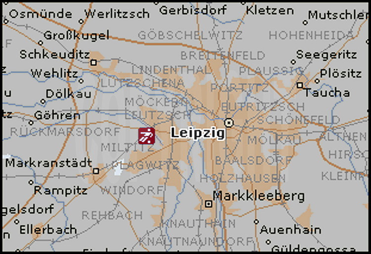 Carte de Leipzig, 494000 habitants, avec emplacement du Zentralstadion, qui accueillera notamment un huitième de finale. A l’exception de Berlin, Leipzig sera la seule ville de l’ex Allemagne de l’Est à accueillir des matches de la coupe du monde.