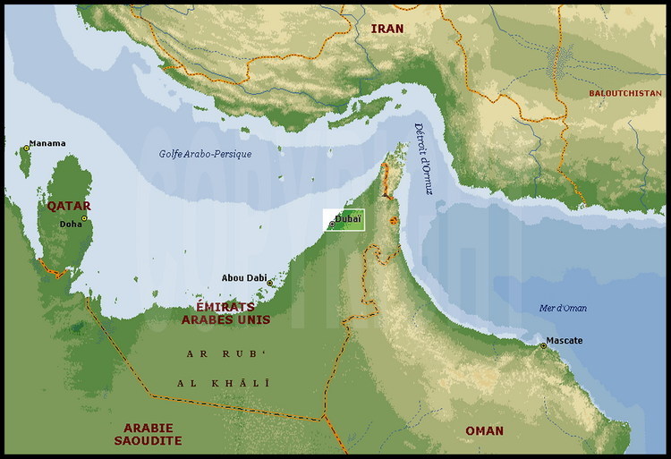 Carte des Émirats Arabes Unis (capitale : Abu Dhabi) et des pays limitrophes. Dubaï, 3.840 km2 et 900000 habitants, est le premier port et le principal pôle commercial et touristique de la fédération.