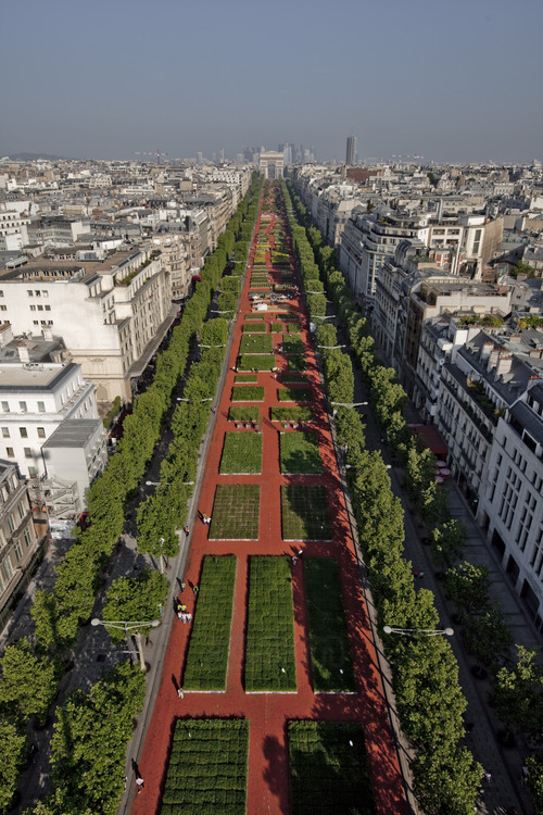Sunday, May 23, from 6:00 am to 9:00 am: 600 volunteers and dozens of farmers have almost completed the installation of the 8,000 parcels making up the work of street of Gad Weil Street and Laurence Medioni. Photo taken with a cherry picker truck installed on the roundabout of the Champs Elysees.