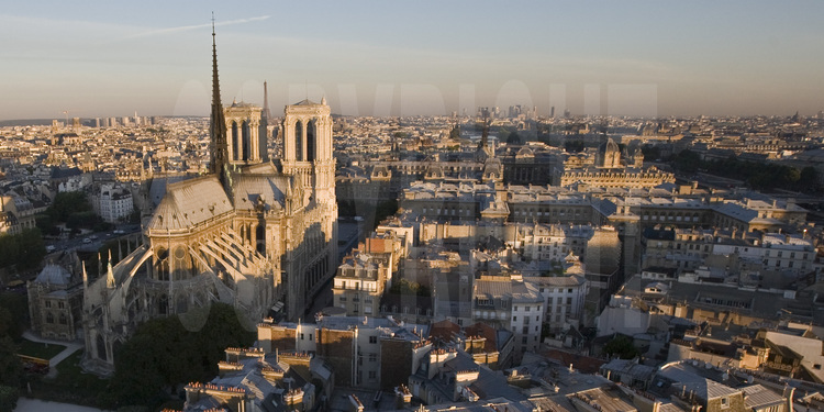 La cathédrale Notre Dame vue depuis le Sud Est avec, en arrière plan, de g. à d., la Préfecture de Police, le Palais de Justice et l'Hôtel Dieu. Altitude 60 mètres.