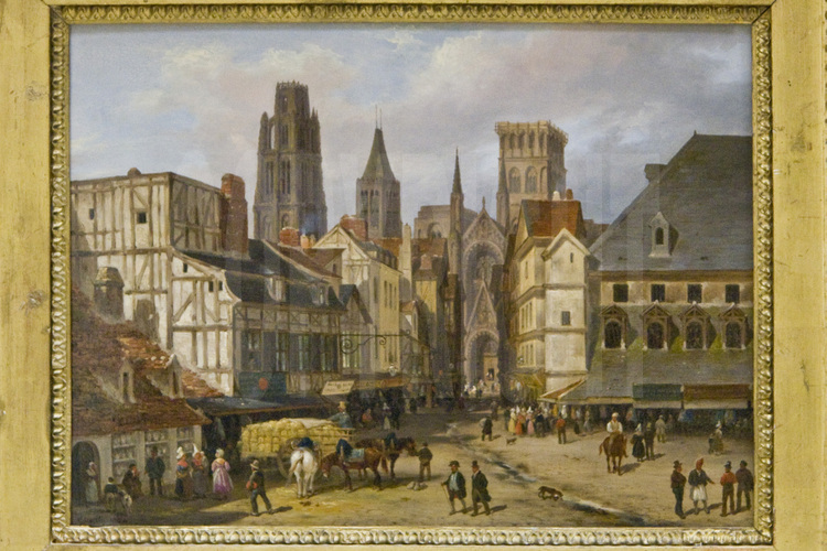 Rouen, historic center. Picture representing the Place du Vieux Marché at the middle age.