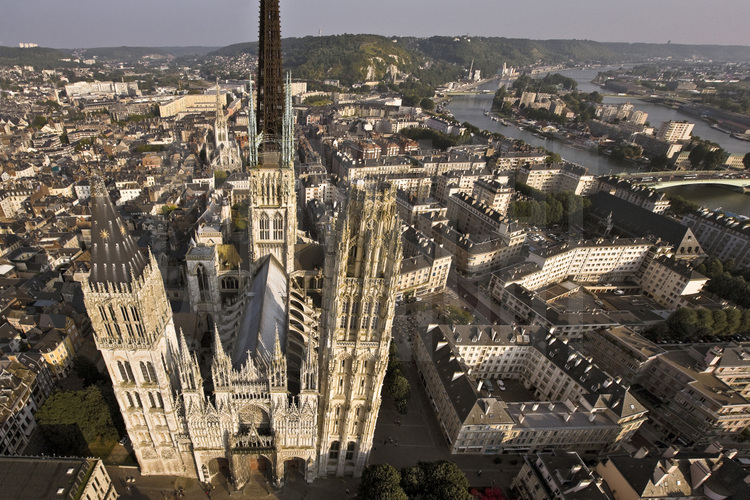 Rouen, the cathedral Notre Dame and the river Seine. Altitude 300 feet.