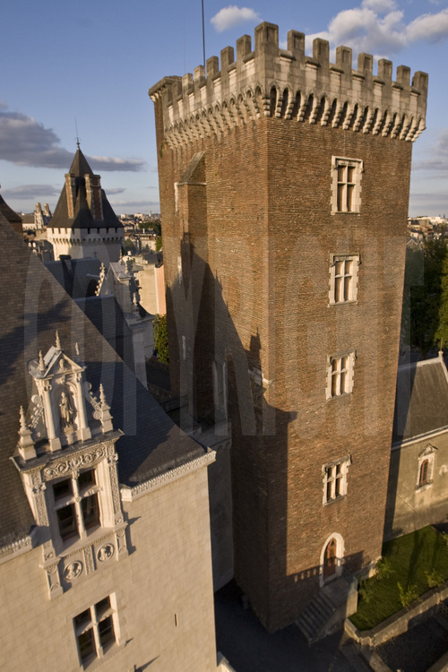 La donjon Gaston Fébus, construit en brique roses, du château de Pau vu depuis la façade sud. Avec ses cent mille visiteurs par an, c'est le site patrimonial le plus visité des Pyrénées-Atlantiques. En arrière plan, la tour Napoléon III. Altitude 30 m.
