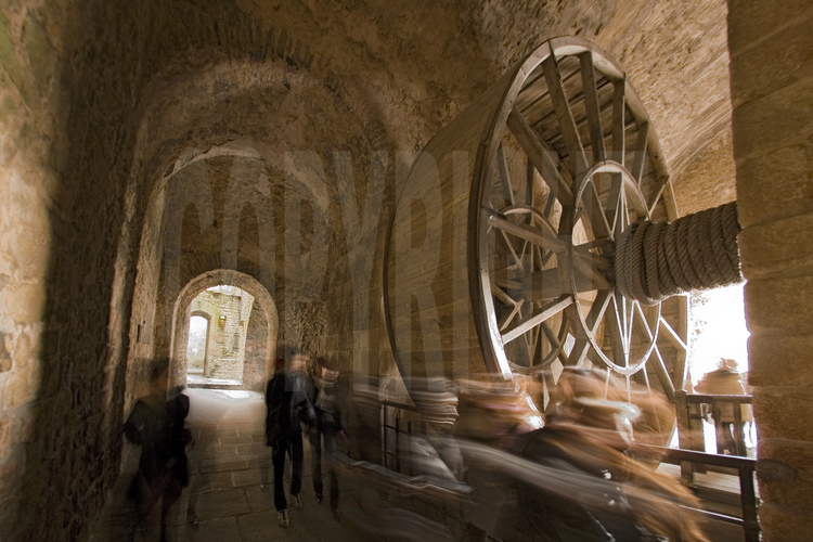 Située au deuxième niveau de la Merveille, la roue servait à acheminer les matériaux et le ravitaillement nécessaires à la communauté de l'abbaye. Des hommes marchaient à l'intérieur pour la faire tourner, ce qui tirait un chariot le long du poulain, situé sur la façade sud du Mont.