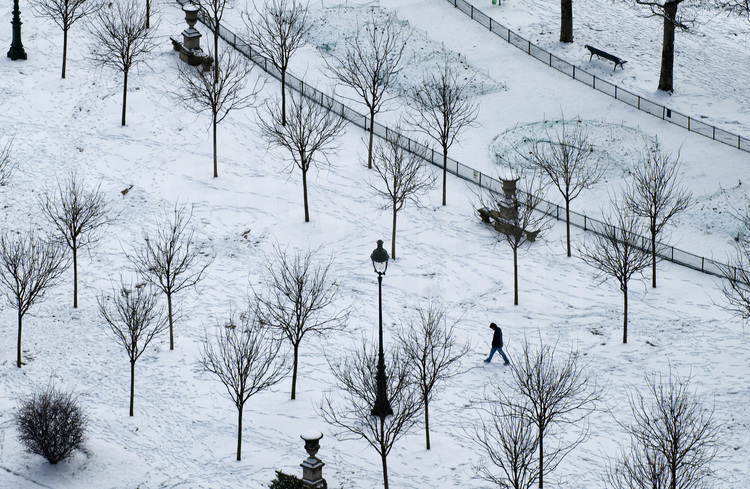 Paris, VIIème arrondissement. Promeneurs sous la neige au Champ de Mars.