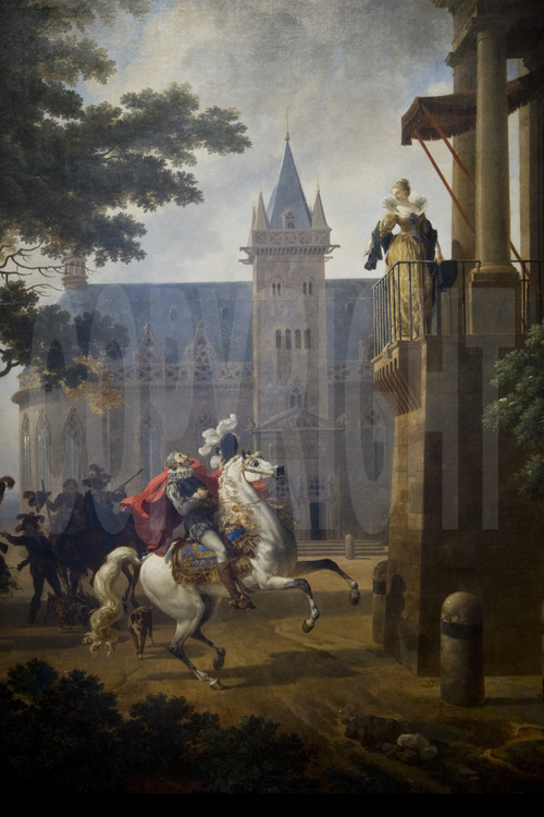 Pau, centre historique. Intérieur du château de Pau, où naquit Henri IV. Peinture représentant le roi sur son cheval blanc.
