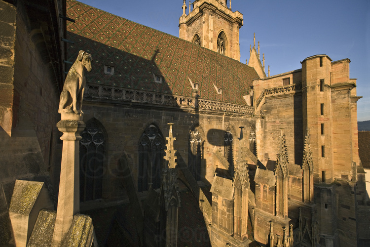 Centre historique. Collégiale Saint Martin. Construite de 1235 à 1365, la collégiale est une œuvre majeure de l'architecture gothique en Alsace. Détails sculptés de la façade nord. Altitude 30 m.