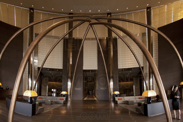 Inside Burj Khalifa tower (highest in the world with 828 meters), the Entrance hall (lobby) of the Armani Hotel, a 7 star hotel (the only in this category with the famous Burj Al Arab, also in Dubai) located at first floors of the tower.