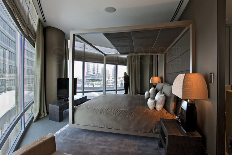 Inside the Burj Khalifa (highest in the world with 828 meters), a bedroom of one of the suites of the Armani hotel, a 7 star one (the only category with the famous Burj Al Arab, also in Dubai) located at the first floors of the tower.