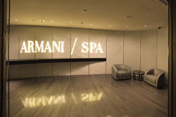 Inside the Burj Khalifa (highest in the world with 828 meters), the spa entrance of the Armani Hotel, a 7 star one (the only category with the famous Burj Al Arab, also in Dubai) located at the first floors of the tower.
