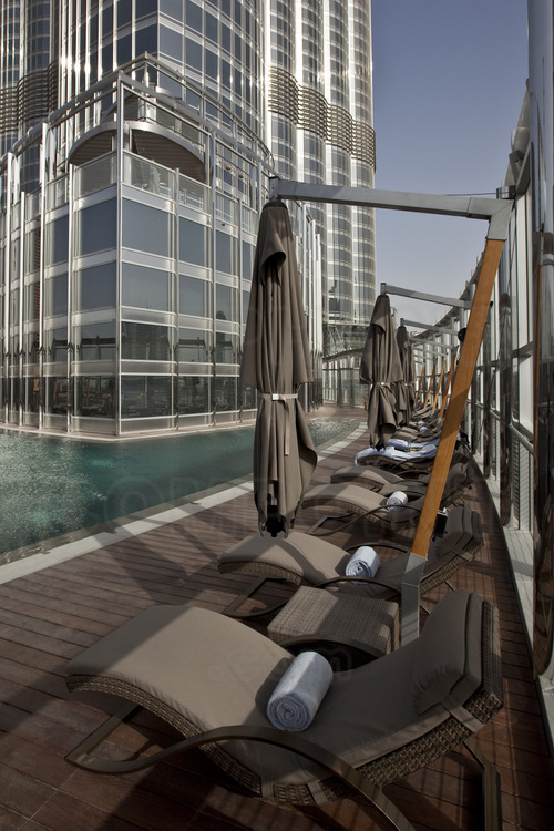 Inside the Burj Khalifa (highest in the world with 828 meters), one of the swimming pool of the Armani Hotel, a 7 star one (the only category with the famous Burj Al Arab, also in Dubai) located at the first floors of the tower.
