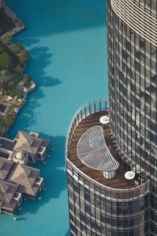 Aerial view of one of the private terraces of Burj Khalifa, tallest tower in the world with 828 meters. In the background, the Burj Lake, an artificial one of 12 hectares and private residences of the 