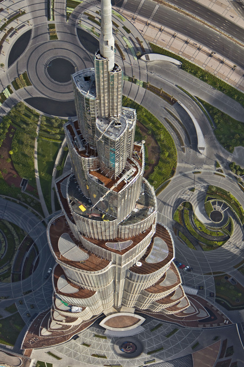Aerial view of the upper floors of Burj Khalifa, tallest tower in the world with 828 meters.