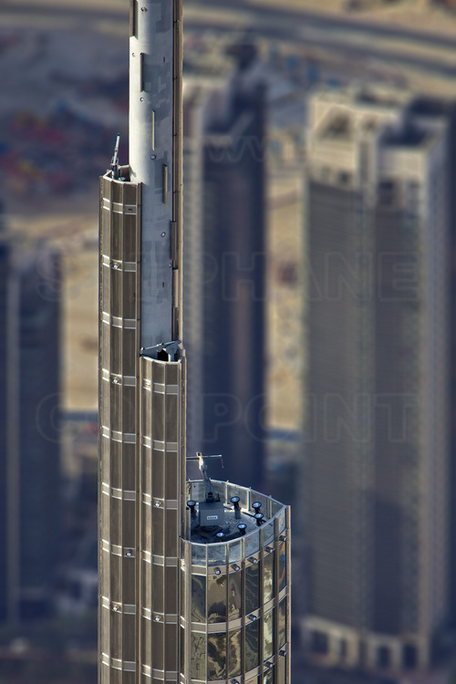 Aerial view of the upper floors of Burj Khalifa, tallest tower in the world with 828 meters.