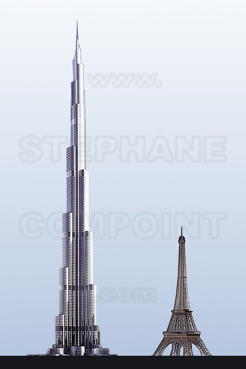 Scale representation of Burj Khalifa, 828 m. and the Eiffel Tower of Paris, 324 m.