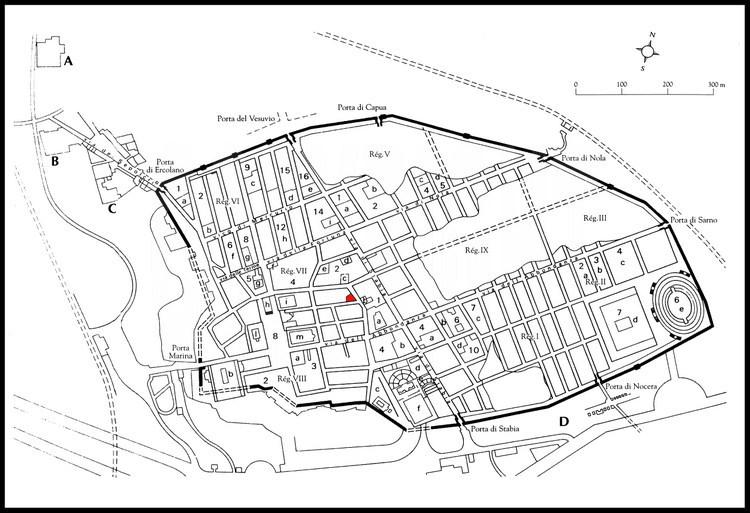 Plan des rues et des sites de la ville antique de Pompéi, ensevelie sous les cendres du Vésuve le 24 août 79 ap. JC et redécouverte par les équipes du Roi de Naples en 1748. Le Lupanar du Viccolo Storto (en rouge) se trouve dans la partie la plus ancienne  de la ville.