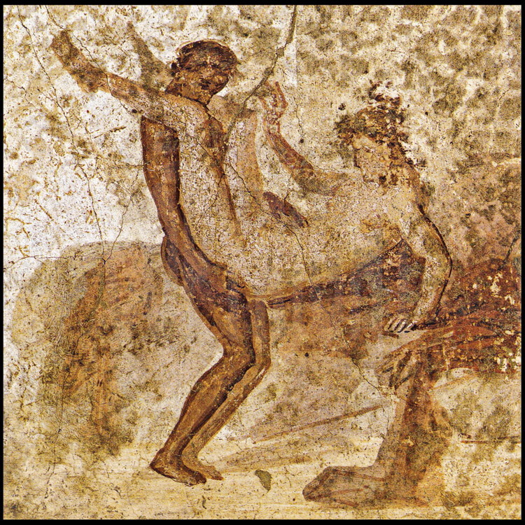 Peinture érotique avec représentation dite, de l‘« homme-debout » trouvée dans l’arrière-salle -probablement réservée au commerce du sexe- d’une taverne à proximité du Forum.