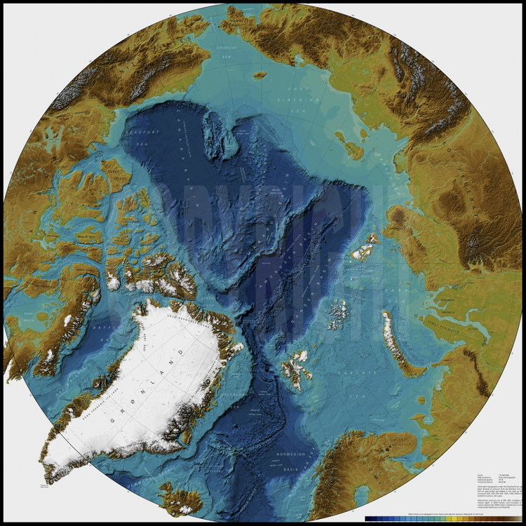 Carte de l'océan glacial arctique et du pôle nord, entourés (sens des aiguilles d'une montre) du Groenland, du Canada, des États-Unis (USA), de la Russie, de la Norvège et de l'Islande.