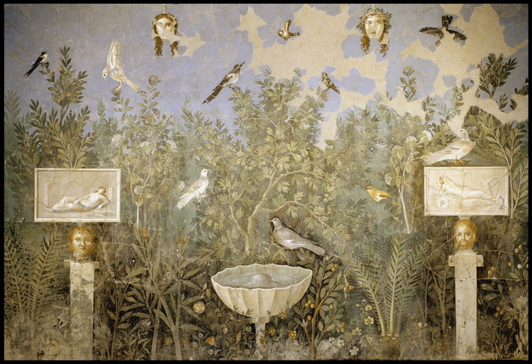 Pompéi, Maison du bracelet d'or. Ce type de peinture, qui prolonge fictivement le jardin de la villa par effet de miroir, se caractérise par une grande minutie dans le rendu symbolique de la faune et de la flore.