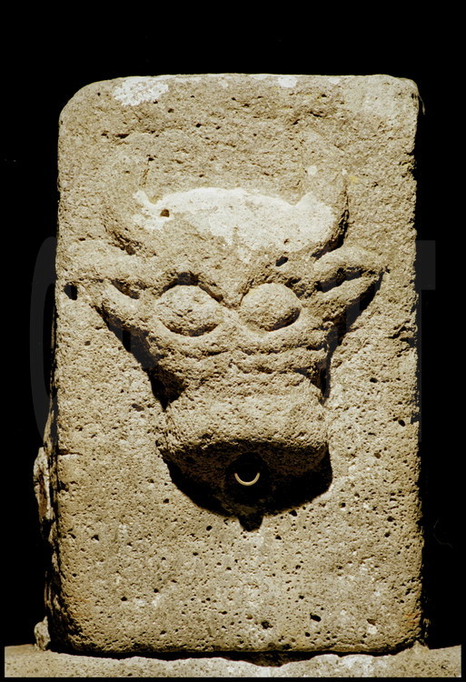 Parmi les très nombreuse fontaines de Pompéi, celle ci représente une tête de taureau. Celles-ci sont quasiment toutes construites sur le même modèle, avec une sculpture sur la dalle dressée qui cache le tuyau d'amenée d'eau.