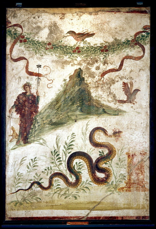 Peinture représentant le dieu Bacchus couvert de raisin et le Vésuve, découverte dans la maison du centenaire. Cette représentation du volcan -une montagne pointue, couverte de végétation- est probablement très proche de la silhouette du Vésuve juste avant l'éruption de 79 après J.C.