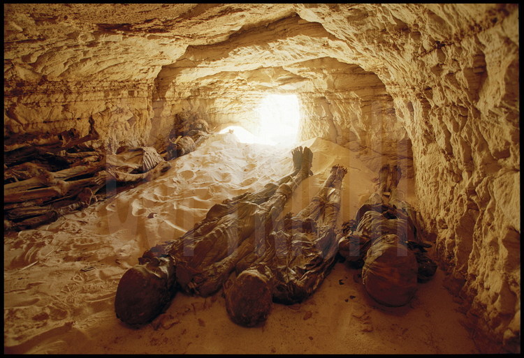 Site d'Ain Labakha. Chaque tombe renfermait plusieurs momies, parfois une dizaine, gisant alignés sur la sable. Certains corps, momifiés selon les rites égyptiens, avaient conservés les bandelettes qui les recouvraient.  Il a par la suite été prouvé que tous les corps appartenaient à une même famille.