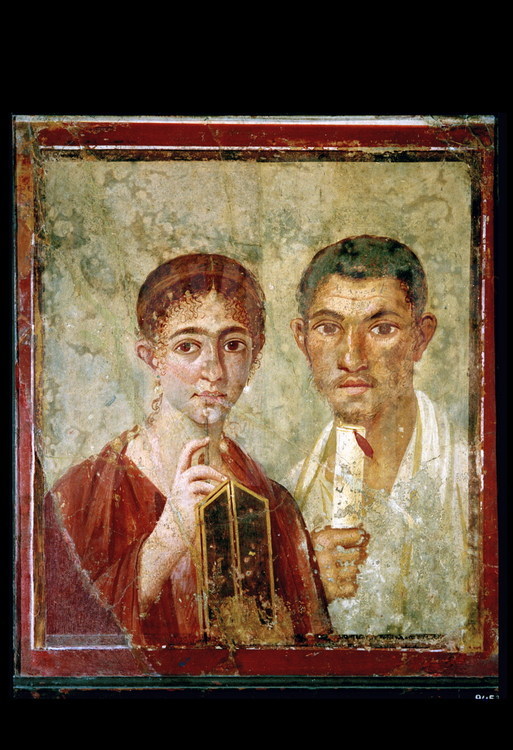 Pompéi hébergeait nombres d'artistes et de poètes qui remplissait les gradins du théâtre et de l'odéon. Cette célèbre peinture représente un couple qui tient un stylet et un rouleau de papyrus, symboles de leur activité intellectuelle.