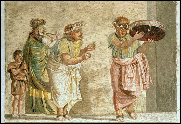 Pompéi, villa de Cicéron. Cette très fine mosaïque représente une scène vivante de musiciens masqués. On y a reconnu une scène du du célèbre poète grec Ménandre, très populaire à Pompéi, où l'on jouait des instruments dédiés au culte rendu à Cybèle.