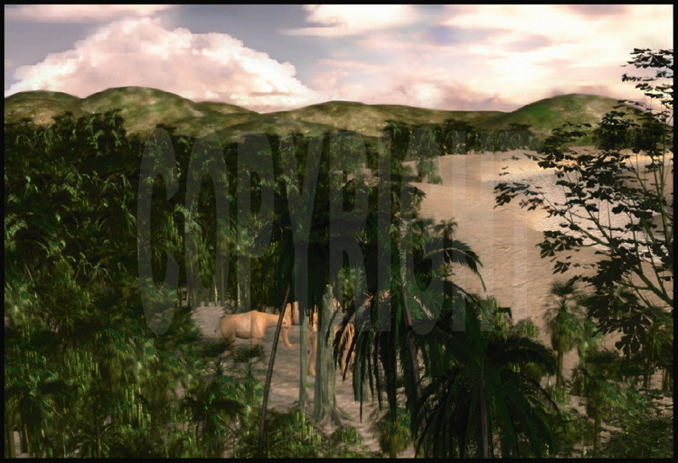 Reconstitution virtuelle en 3D du Baluchitherium évoluant dans son environnement. Grâce aux micro-fossiles découverts sur le site de Paali ( photos 12 à 14 ), les scientifiques sont en mesure de décrire la flore et la faune associées au Baluchitherium il y a environ trente millions d’années.