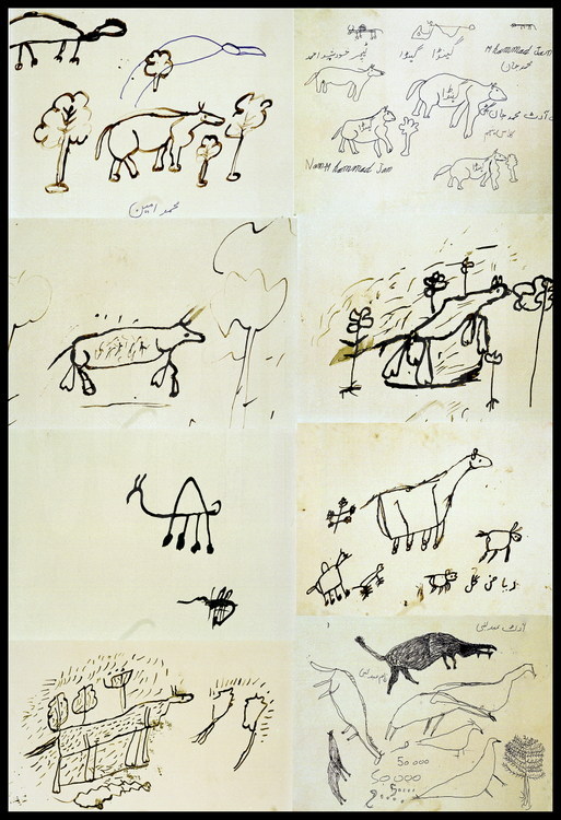 Village et école de Sartaf. Avec leur regard d’enfant, les petits écoliers bugtis ont imaginé et dessiné le Baluchitherium.