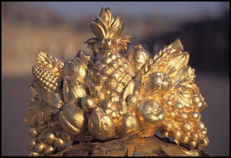 Détail des emblèmes royaux adornant la Grille Royale, à l’entrée du Château : Corne d’abondance.