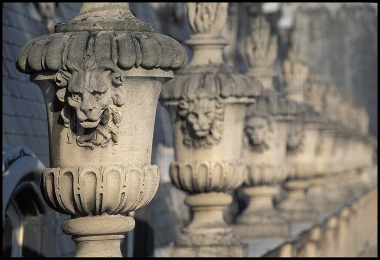 Sur le bourseau de l’aile du Midi, ensemble de pots à feu à tête de lion surplombant la Cour Royale.