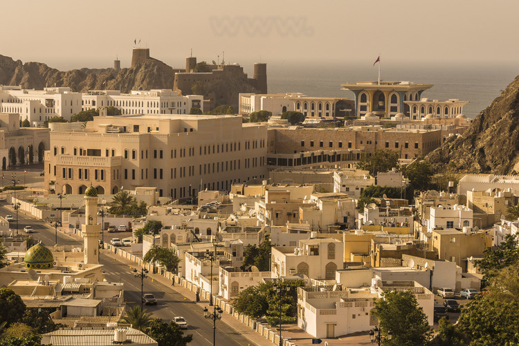 Oman. Mascate : Le centre ville, le palais présidentiel et le fort Al Mirani. // Oman. Muscat : The city center, the presidential palace and the fort Al Mirani.