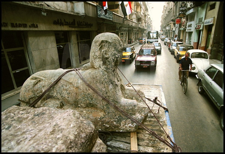 After having been placed in a desalination tank for six months, the two-ton sphinx whose carthouche was erased around 1300-1235 BC (at the time of Pharaoh Ramses II), is transported through the streets of Alexandria.