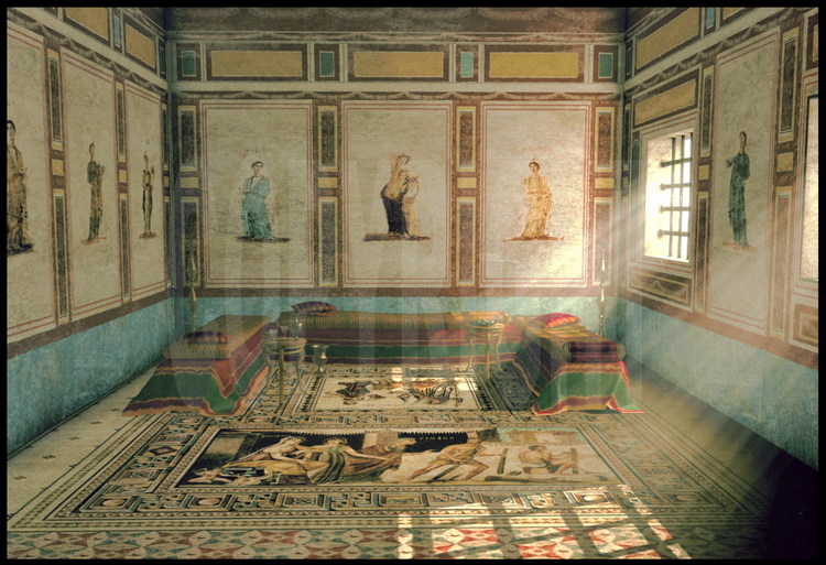 Réintroduction virtuelle de la mosaïque de Pasiphaé dans son contexte présumé, il y a dix-huit siècles.