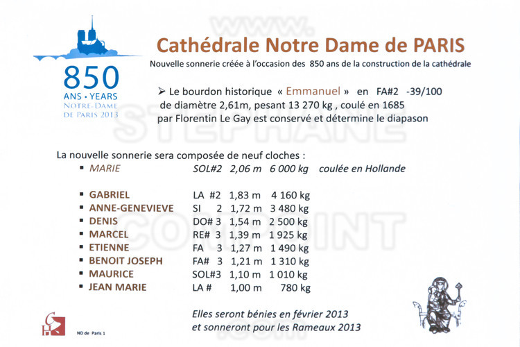 Full board of the new bells of Notre Dame : Gabriel (A sharp), 4160 kg; Anne Geneviève (B), 3480 kg; Denis (C sharp), 2500 kg; Marcel (D sharp), 1925 kg; Etienne (F), 1490 kg; Joseph Benoit (F sharp), 1310 kg; Maurice (G sharp), 1010 kg and Jean-Marie (A sharp) 780 kg. Which must be added the big bell Mary (G sharp), 6200 kg, intended to accompany the great bell Emmanuel in the southern Tower.
