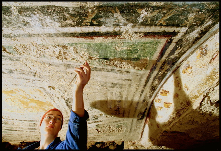Sur le plafond peint de cette tombe collective, l'archéologue dégage une frise représentant des Eros (petits amours) ailés et des dauphins, dont le style et le graphisme se retrouveront plus tard à Pompéi. Les archéologue constatent une nouvelle fois l'influence d'Alexandrie sur l'art méditerranéen de l'antiquité.