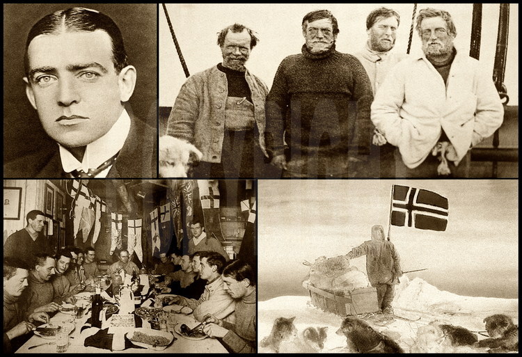 L'expédition de Shackleton (en haut à g. et en au centre, en pull sombre). Ross (en bas en fond de table) et Admunsen (avec le drapeau norvégien) sont les autres aventuriers polaire du début du XXème siècle.