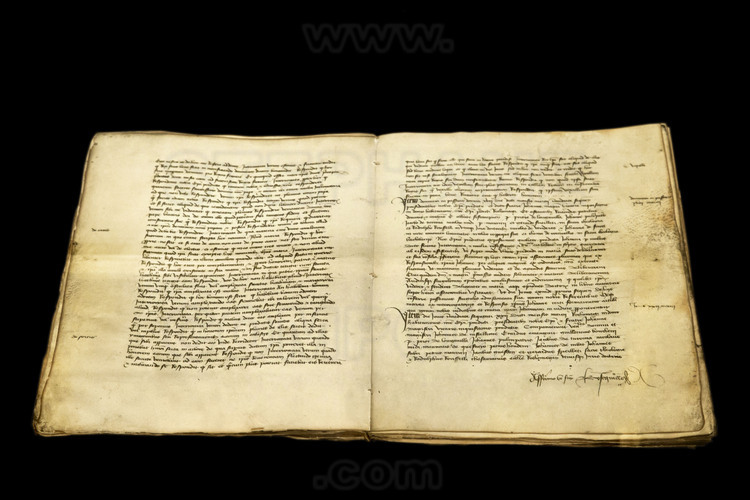 Rouen, where Joan of Arc was tried, condemned and burnt alive May 30, 1431. Facsimile of the trial transcript of Joan of Arc, which took place in the Archbishop's Palace in the city.