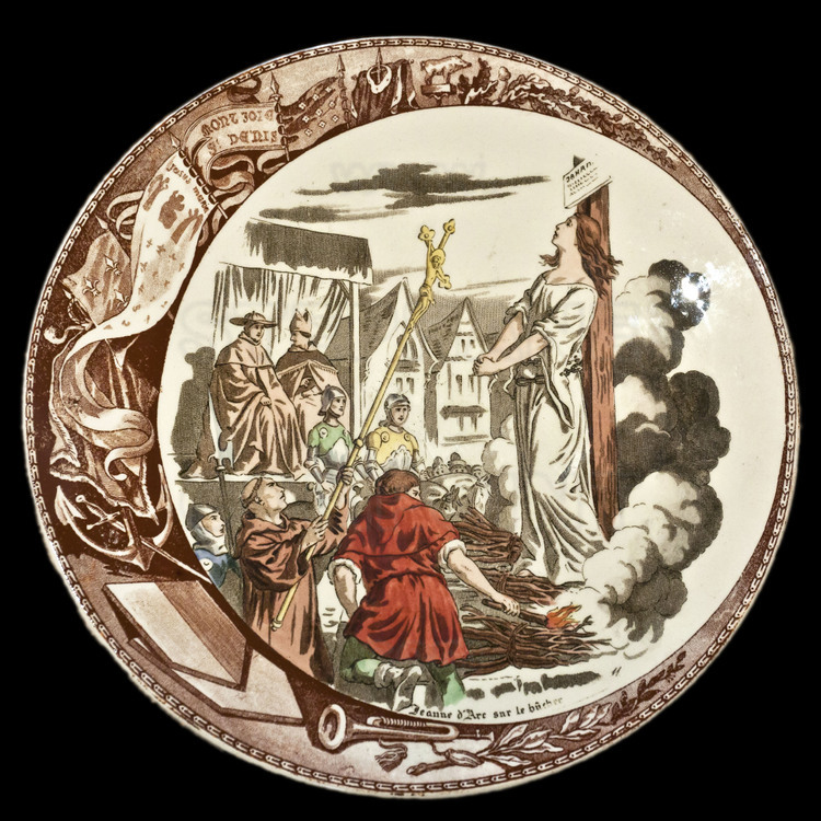 Rouen, where Joan of Arc was tried, condemned and burnt alive May 30, 1431. Plate with  