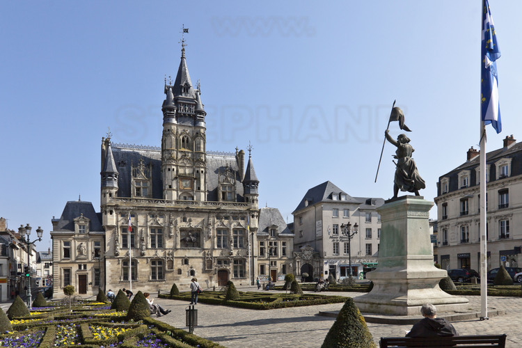 Compiègne, where Joan of Arc was captured by the Burgundians May 23, 1430. Place de l'Hotel de Ville. In the center of the square, a statue of Joan of Arc by sculptor Etienne Leroux in 1880.
