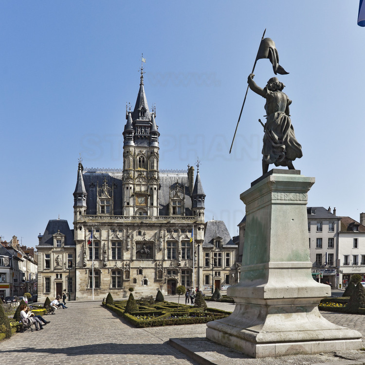 Compiègne, where Joan of Arc was captured by the Burgundians May 23, 1430. Place de l'Hotel de Ville. In the center of the square, a statue of Joan of Arc by sculptor Etienne Leroux in 1880.