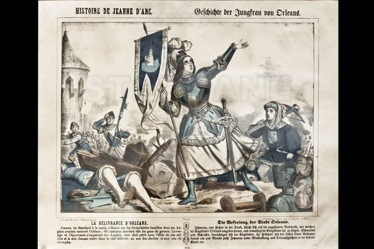 Orléans, où l'armée conduite par Jeanne d'Arc battit les anglais le 8 mai 1429 : Série de quatre chromolithographies sur papier velin de Jeanne d'Arc dans l'imagerie Wentzel, réalisées à Wissembourg (Alsace), en 1864. 3/ La Libération d'Orléans.