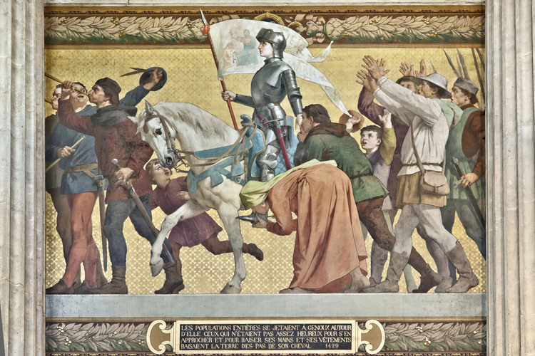 Orléans, où l'armée conduite par Jeanne d'Arc battit les anglais le 8 mai 1429 : Peinture de Jeanne d'Arc à Orléans, réalisée entre 1886 et 1890 par Jules Eugène Lenepveu.